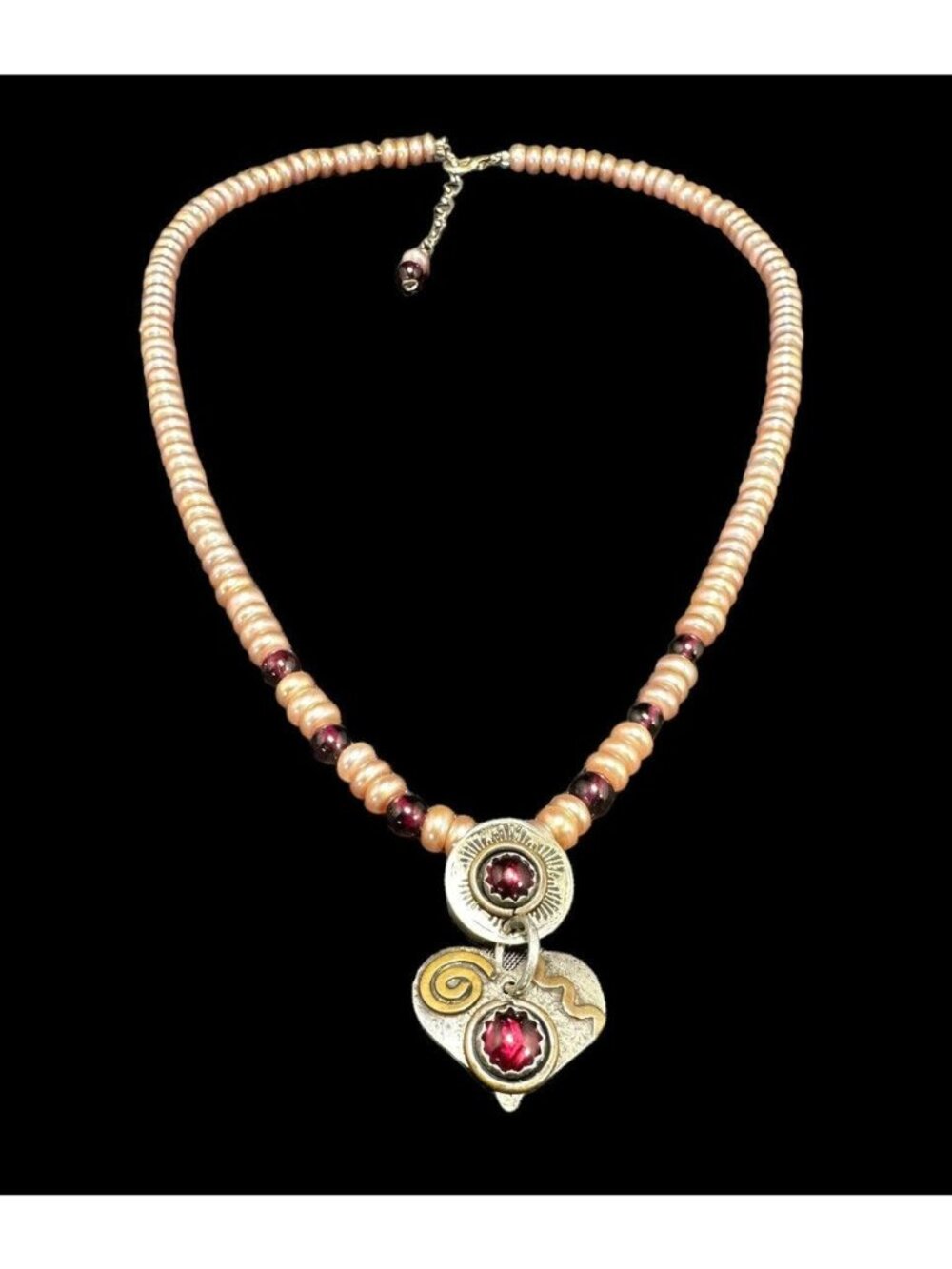 Garnet Pearl Bead Necklace Sterling Modernist Heart Pendant Boat Hallmark